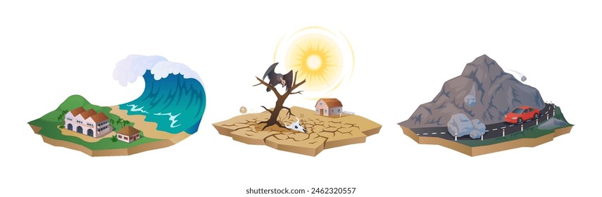 Tsunami, drought and falling rocks danger 2D cartoon objects set. Catastrophic natural disasters isolated vector scenes white background