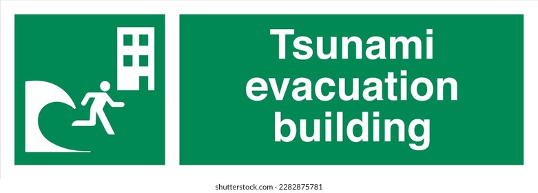 Tsunami evacuation building signs are designed to indicate to people the direction they should take to reach a safe area in the event of a tsunami warning or alert. These signs are typically installed