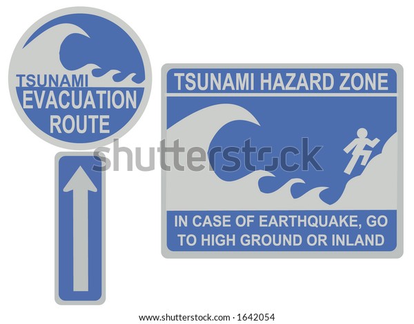 Tsunami Evacuation Route Hazard Zone Signs Stock Vector (Royalty Free ...