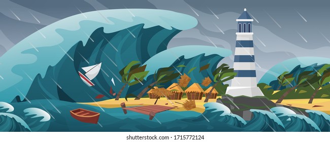 Tsunami flat cartoon seascape panoramic landscape vector illustration background. Panorama of Horrific natural disaster, giant wave, covers serene little island with lighthouse, palm huts and yachts