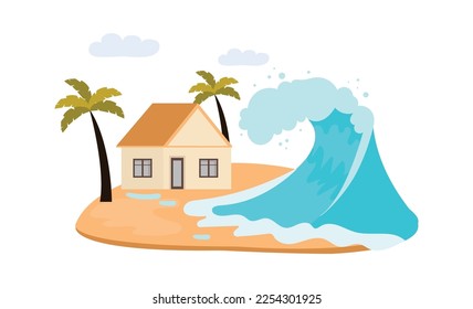 Tsunami flach Ikone Naturkatastrophe High-Wave-Deckenhaus. Vektorgrafik