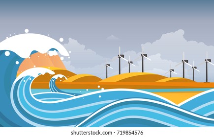 Tsunami, Flood Disaster, Vector Illustration. Overflooded Landscape. Eps 10