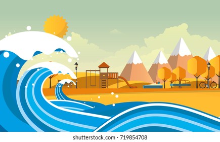 Tsunami, Flood Disaster, Vector Illustration. Overflooded Landscape. Eps 10