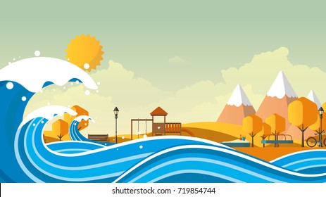 Tsunami, Flood Disaster, Vector Illustration. Overflooded Landscape. Eps 10