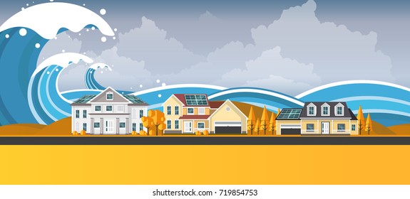 Tsunami, Flood Disaster, Vector Illustration. Overflooded Landscape. Eps 10