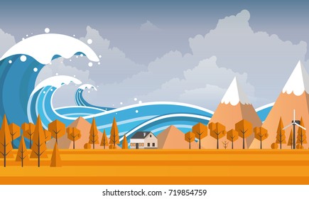 Tsunami, Flood Disaster, Vector Illustration. Overflooded Landscape. Eps 10