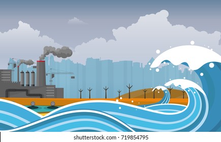 Tsunami, desastre de inundação, ilustração vetorial. Paisagem Sobreinundada. Eps 10