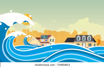 Tsunami, Flood Disaster, Vector Illustration. Overflooded Landscape. Eps 10