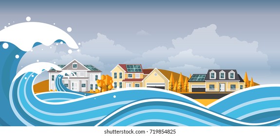 Tsunami, Flood Disaster, Vector Illustration. Overflooded Landscape. Eps 10