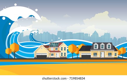 Tsunami, Flood Disaster, Vector Illustration. Overflooded Landscape. Eps 10