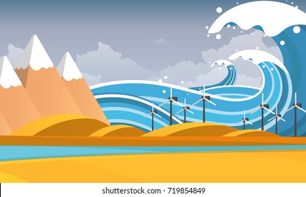 Tsunami, Flood Disaster, Vector Illustration. Overflooded Landscape. Eps 10