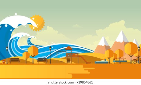 Tsunami, Flood Disaster, Vector Illustration. Overflooded Landscape. Eps 10