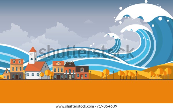 津波 洪水 ベクターイラスト 水浸しの風景 Eps10 のベクター画像素材 ロイヤリティフリー