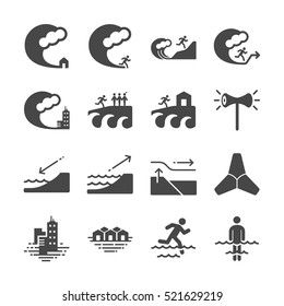 Iconos de tsunami e inundación. Incluidos los iconos como olas, evacuación, emergencia, alarma, mar, escape y más.
