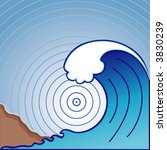 Tsunami, giant tidal wave approaching coast with earthquake epicenter in concentric circles.  The EPS vector file and all its elements can be resized to any dimension without loss of quality. 