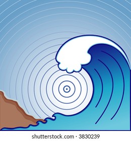 Tsunami, giant tidal wave approaching coast with earthquake epicenter in concentric circles.  