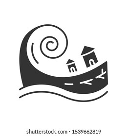 Tsunami Glyph Icon. Groundswell. Ocean Storm Washing Settlement. Sea Wave Destruct Houses. Hurricane Damage. Flash Flood. Silhouette Symbol. Negative Space. Vector Isolated Illustration