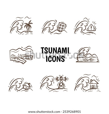 Tsunami hand drawn illustration. World tsunami awareness day concept. Doodle vector icon of tidal wave nantural disaster.