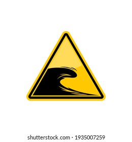 Tsunami Hazard Sign Isolated Yellow Caution Triangle. Vector Warning Safety Icon With Flow, Beach Warning Sign, Big Waves. Triangular Symbol Of Natural Disaster, Wave Of Water Coastal Destruction