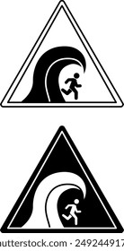 Tsunami Hazard Signs. Black and White Vector Icons. Man Running From a Big Wave. Danger Warning Sign