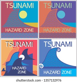 Tsunami hazard zone. Sign, set.
Warning poster about the possibility of a dangerous natural phenomenon in the marine area.