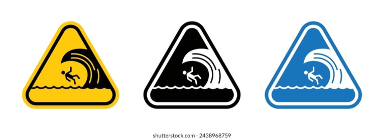 Tsunami and High Waves Danger Sign. Surf Wave Caution Symbol. Ocean Hazard Safety Warning