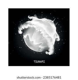 Un tsunami golpeó una pequeña ciudad costera. Fondo dramático apocalíptico, olas de tsunami gigantes, cielo de tormenta oscura, Tornado. 3 d, VOLCANO BLAST, TSUNAMI, TERREMOTO.