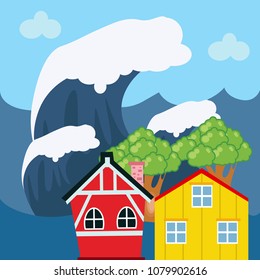 Tsunami hitting a city. Series of natural disaster.