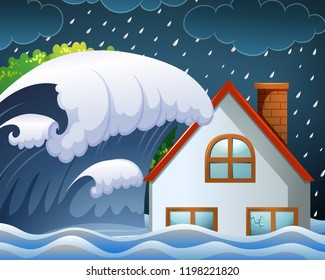 Tsunami hitting the house illustration