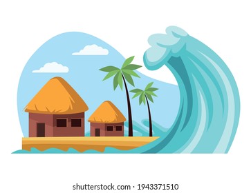 tsunami in huts disaster scene