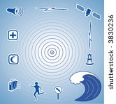 TSUNAMI Icon Collection: quake epicenter, ocean tidal wave, siren, radio, first aid, detection buoy, satellite, transmission, escape person, evacuation sign. The EPS vector file and all its elements can be resized to any dimension without loss of quality.
