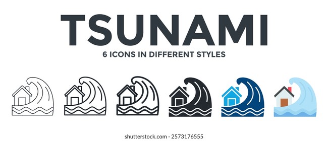 Tsunami Icon In Different Style Vector Illustration. Designed In Thin Line, Regular Line, Bold Line, Glyph, Color Fill, And Flat Style Can Be Used For Web