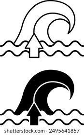 Tsunami Icons. Black and White Vector Icons. Up Arrow Showing High Wave. Danger Sign. Environmental Problem. Climate Change Concept