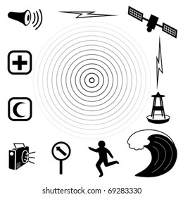 Tsunami Icons. Earthquake epicenter, tidal wave, warning siren, radio, emergency aid services,  tsunami detection buoy, satellite transmission, fleeing person, evacuation sign. 