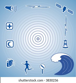 TSUNAMI icons: quake epicenter, ocean tidal wave, siren, radio, first aid, detection buoy, satellite, transmission, escape person, evacuation sign. 