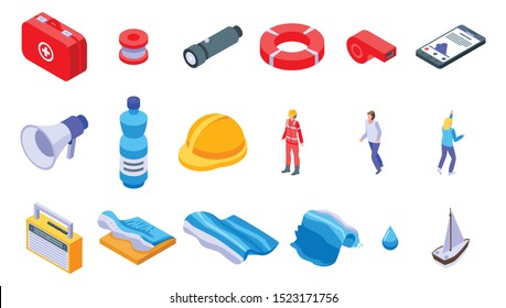 Tsunami icons set. Isometric set of tsunami vector icons for web design isolated on white background