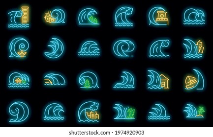 Tsunami icons set. Outline set of tsunami vector icons neon color on black