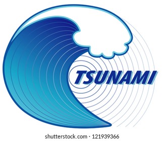 Tsunami Illustration. Giant tsunami wave crest, ocean earthquake epicenter, white background. EPS8 includes radial gradient.