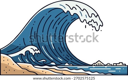 Tsunami illustration. Giant wave hitting coastal city on the beach. Natural disaster warning and climate crisis.