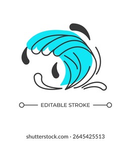 Tsunami offset shadow line icon. Huge sea wave caused by earthquake. Dangerous natural disaster. Climate change. Bold outline symbol with solid blue fill. Modern flat illustration. Editable stroke