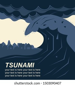 Tsunami on the beach. Big waves. Landscape flood, disaster and natural cataclysm. Houses on seashore. Ocean surface. High water and big waves background.