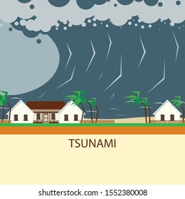 Tsunami on the beach. Big waves. Landscape flood, disaster and natural cataclysm. Houses on seashore. High Ocean water and big waves background.