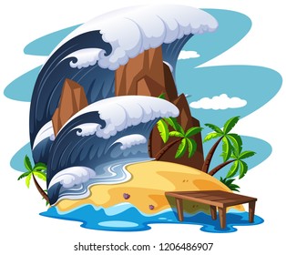 Tsunami on island scene illustration