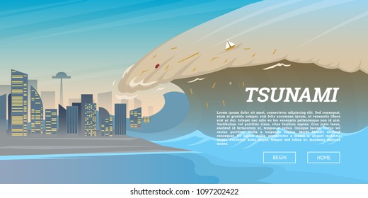 Tsunami on tropical beach. Big waves and ocean surface. Landscape Flood and Disaster. City on seashore. Summer vacation and catastrophe. Natural cataclysm crisis. High water and big waves Background.