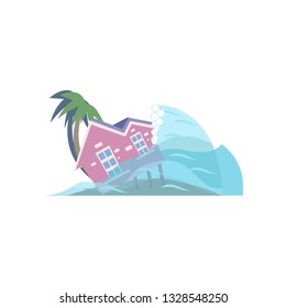 Tsunami on the tropical coast, demolishing house on stilts isolated on white background