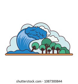 tsunami sea wave with forest scene