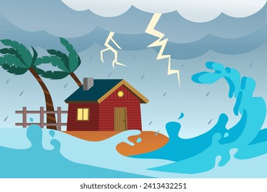 Tsunami seascape storm landscape. Big waves and a house on the beach. Vector illustration.