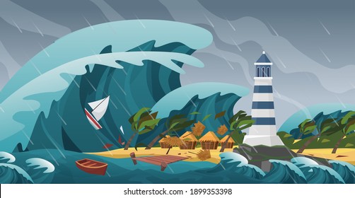 Tsunami seascape storm landscape natural disaster, giant wave with little island and lighthouse