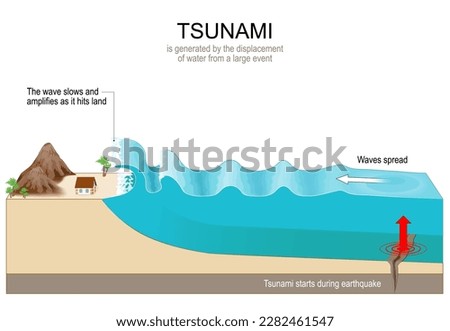 Tsunami is a series of huge waves that generated by submarine earthquakes. Waves travel at subsonic speed across the water surface. Vector diagram. poster for education 