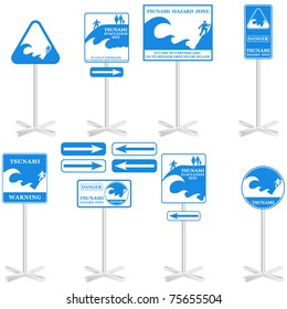 TSUNAMI sign Set: - isolated on white. Gives you information about the possible danger. Ready to print. VECTOR